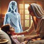 A South Asia mother -est tends to her sick daughter in bed, while a transparent and bright figure is nearby and advising.